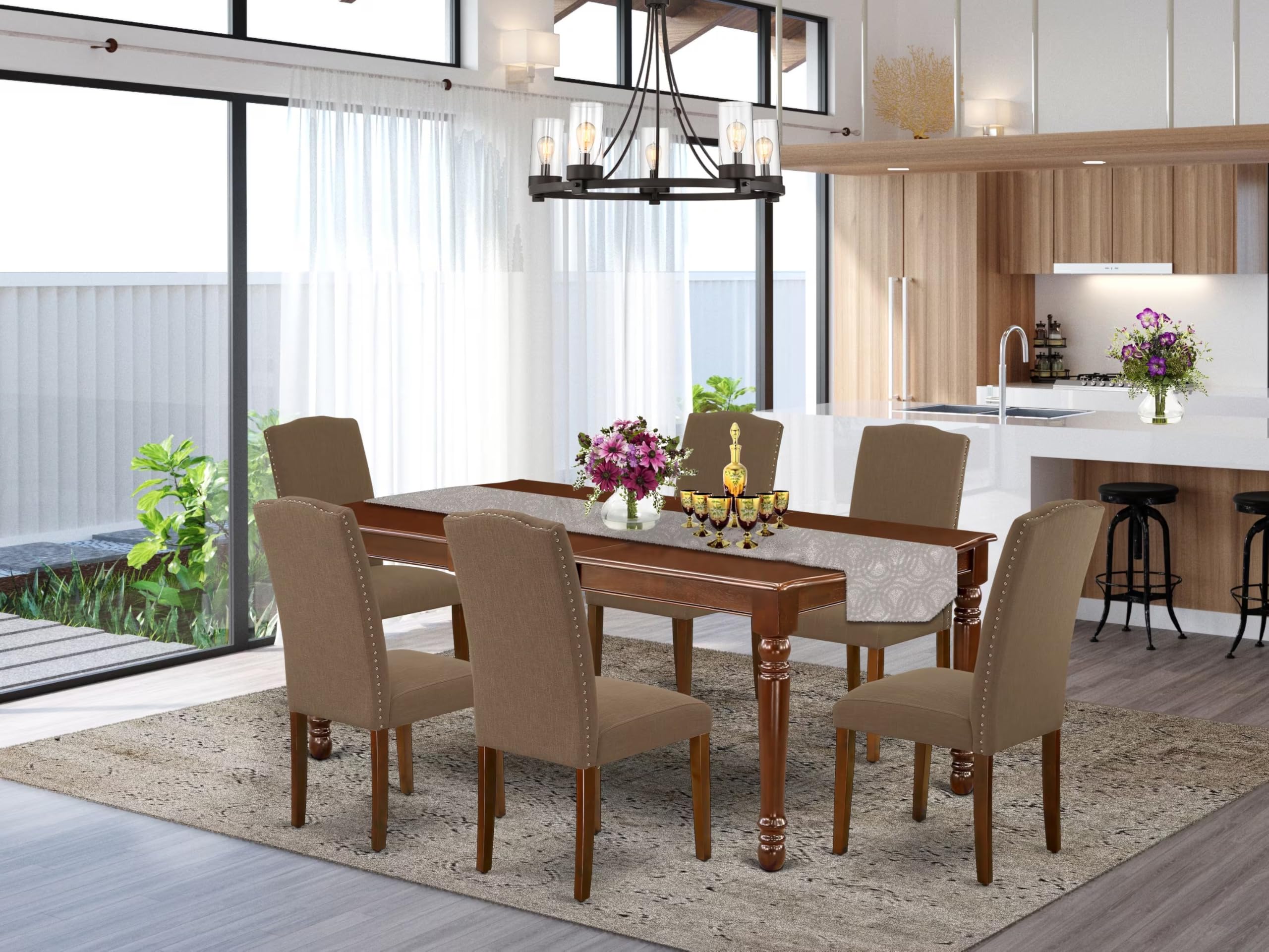 East West Furniture Doen7-Mah-18 7 Piece Dining Table Set Consist Of A Rectangle Wooden Table With Butterfly Leaf And 6 Dark Coffee Linen Fabric Upholstered Chairs, 42X78 Inch, Mahogany